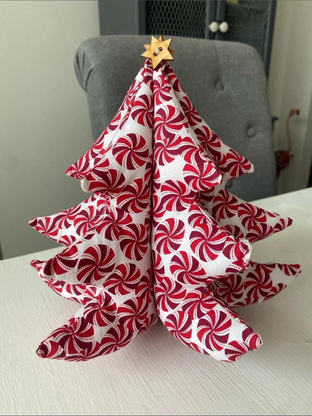 Handmade Red Peppermint Fabric Christmas Tree - Wood Star Holiday Squishy 9"